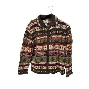 Heirloom Collectibles Vintage Fair Isle‎ Zip Up Sweater Green Pine Tree Lined S